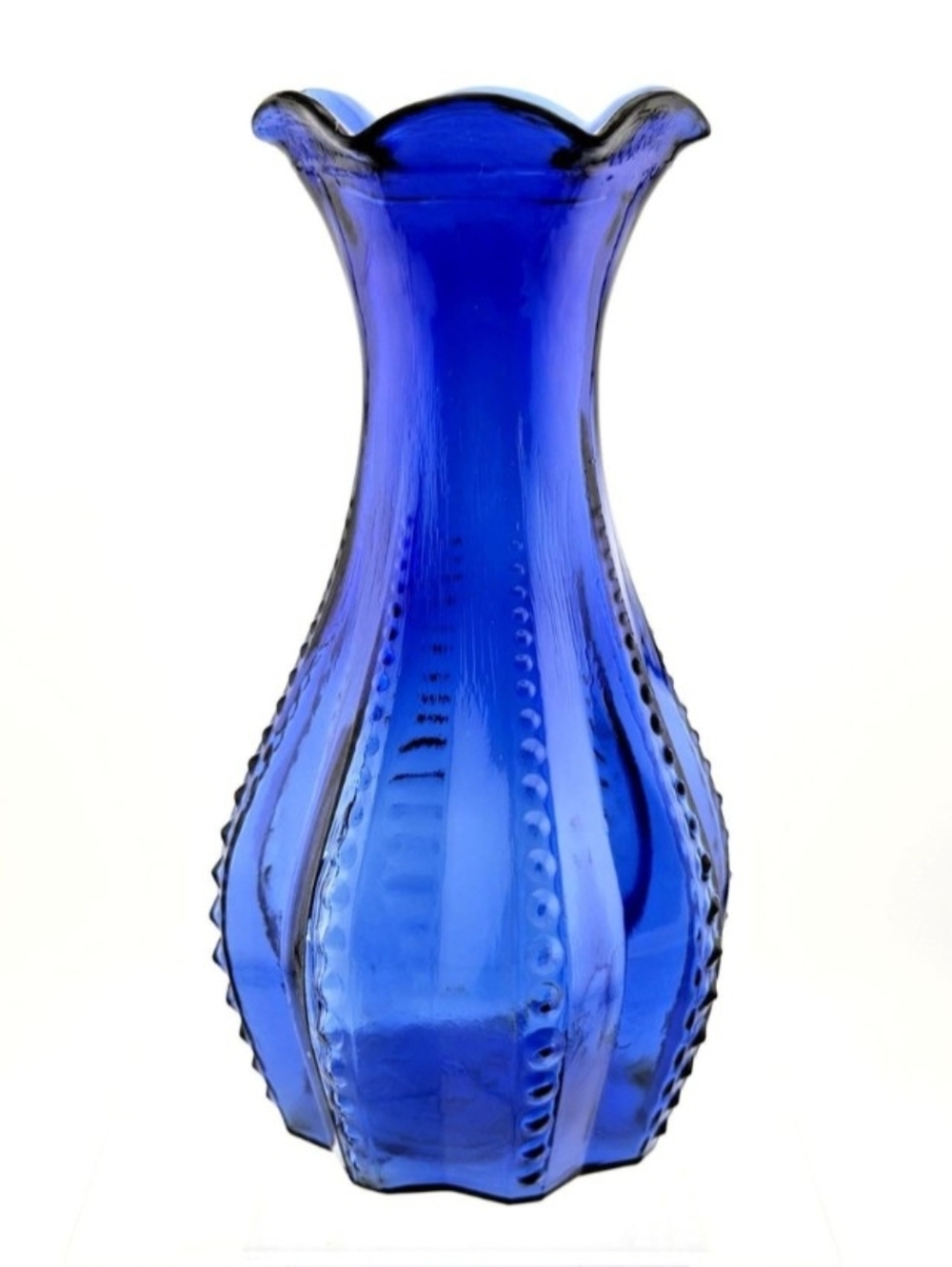 Vintage Indiana Glass Cobalt Blue Vase USA Beaded Glass Star Base